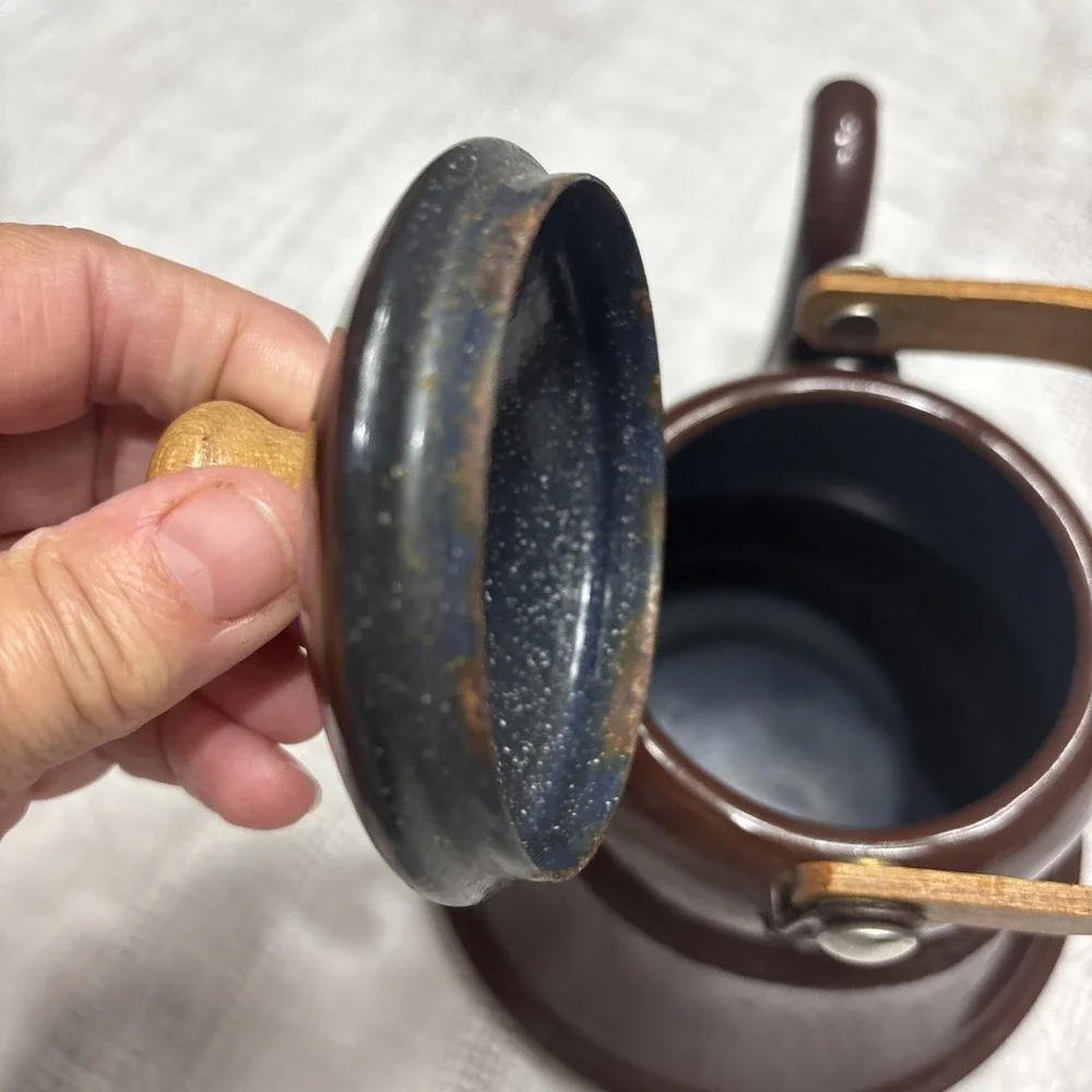 Pretty Shiny Rich Brown Enamel Ware Tea Kettle Metal Farmhouse Cottage Rustic